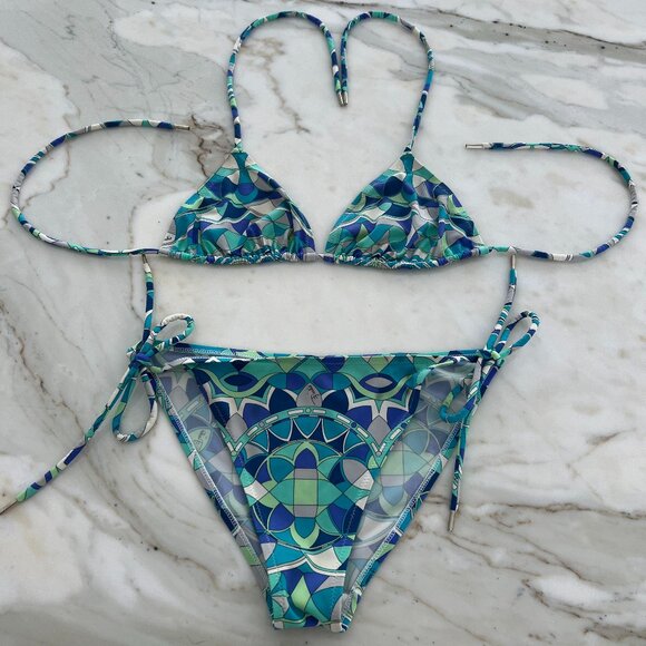 EMILIO PUCCI BLUE GREEN WHITE STRING BIKINI SIZE IT 42 / US 8 - Picture 3 of 17